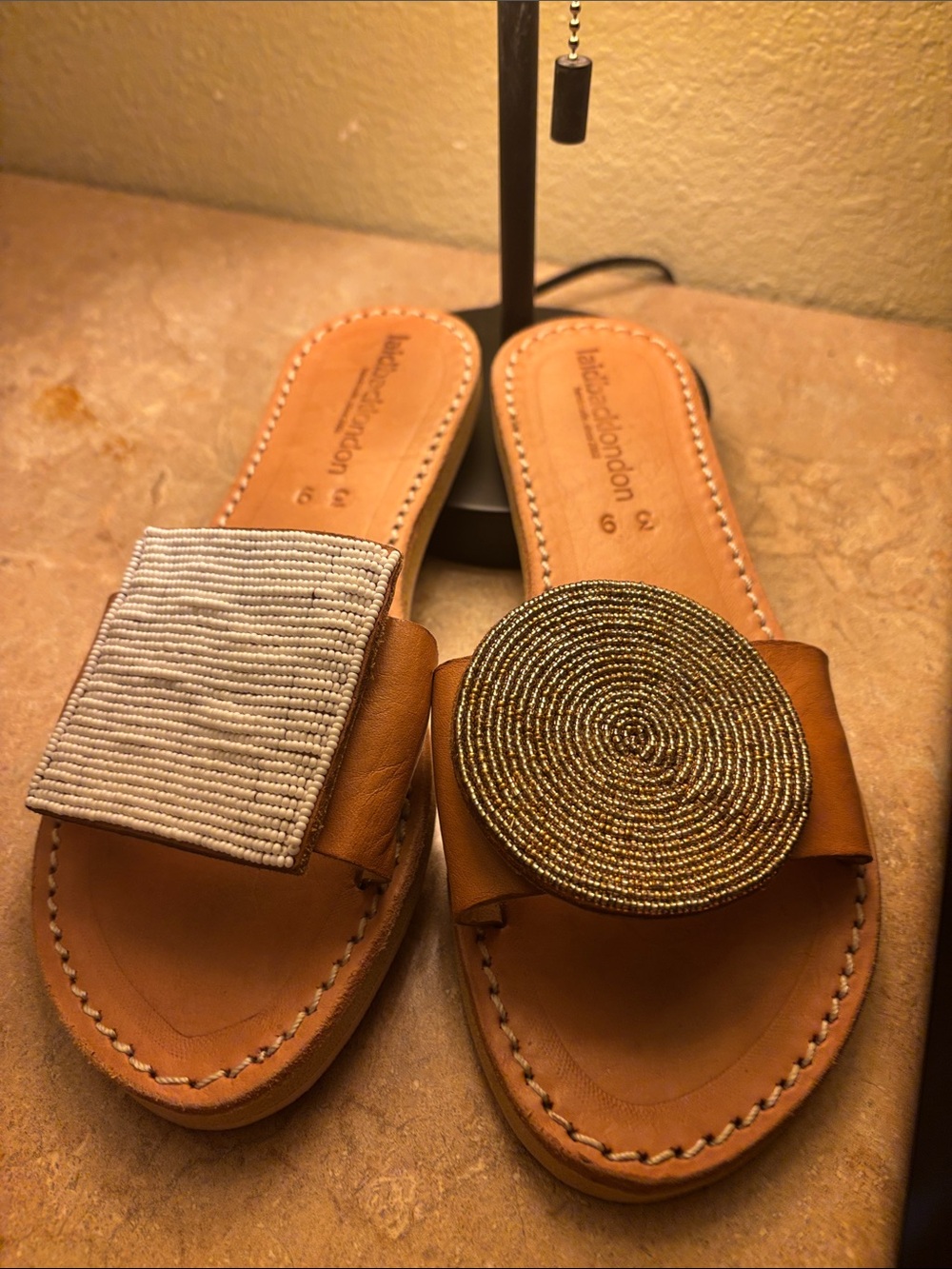 Laid Back London Tan Leather Slide Sandals with Gold & White Accents